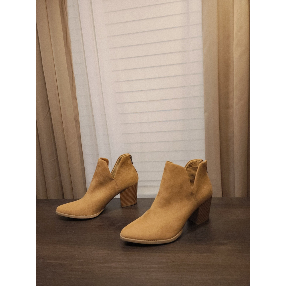 Sun + Stone Modern Microsuede Western Block Heel Booties Boots 7 M Tan BROWN - Picture 4 of 13